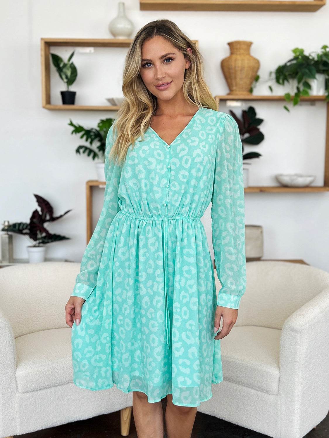 Double Take Full Size Printed Ruched V-Neck Long Sleeve Dress - Hovatok