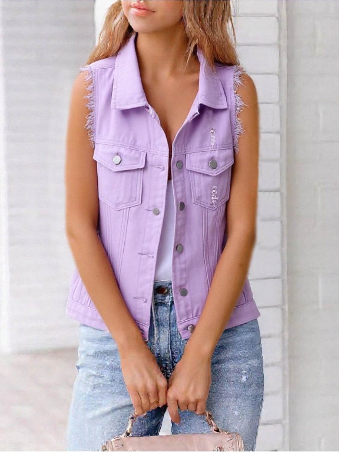 Full Size Button Down Raw Hem Sleeveless Denim Jacket Plus Size - Hovatok