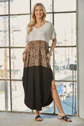 Celeste Full Size Leopard Color Block Short Sleeve Slit Maxi Dress with Pockets - Hovatok