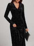 Rose Print V-Neck Long Sleeve Dress - Hovatok