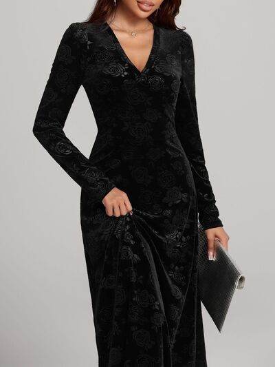 Rose Print V-Neck Long Sleeve Dress - Hovatok