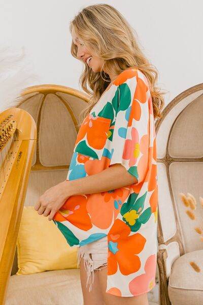 BiBi Floral V Neck Slit Side T-Shirt - Hovatok