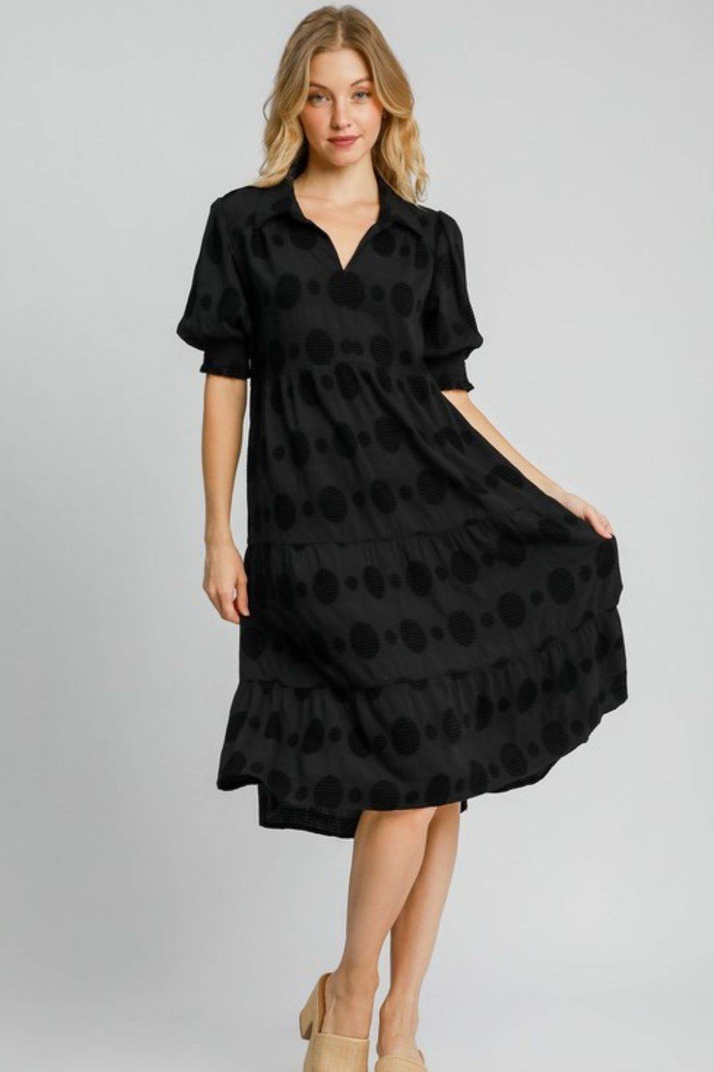 Umgee Full Size Swiss Dot Jacquard Tiered Midi Dress Plus Size - Hovatok