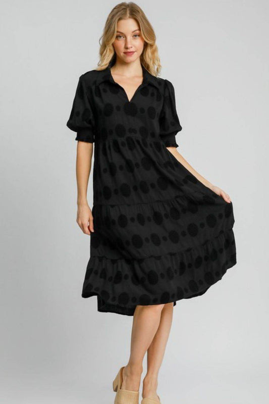 Umgee Full Size Swiss Dot Jacquard Tiered Midi Dress Plus Size - Hovatok