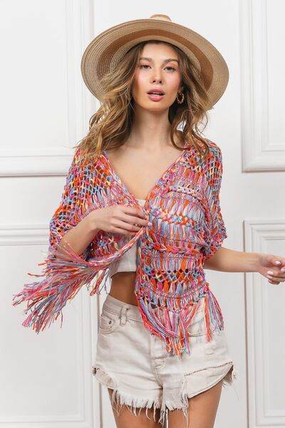 BiBi Open Front Fringed Crop Knit Cardigan - Hovatok