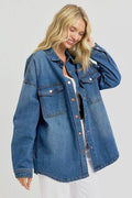RISEN Full Size Snap Down Long Sleeve Denim Shacket - Hovatok