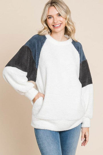 Culture Code Color Block Faux Fur Raglan Sleeve Sweatshirt - Hovatok