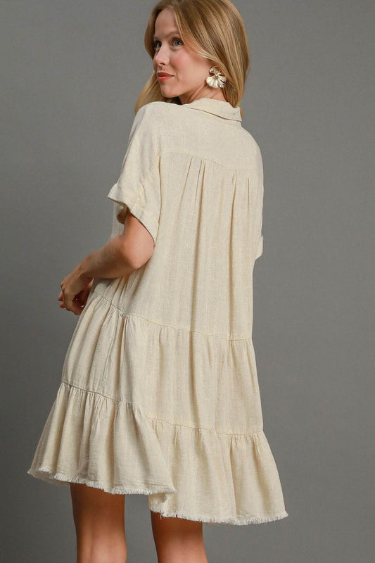 Umgee Full Size Raw Hem Folded Sleeve Tiered Dress Plus Size - Hovatok