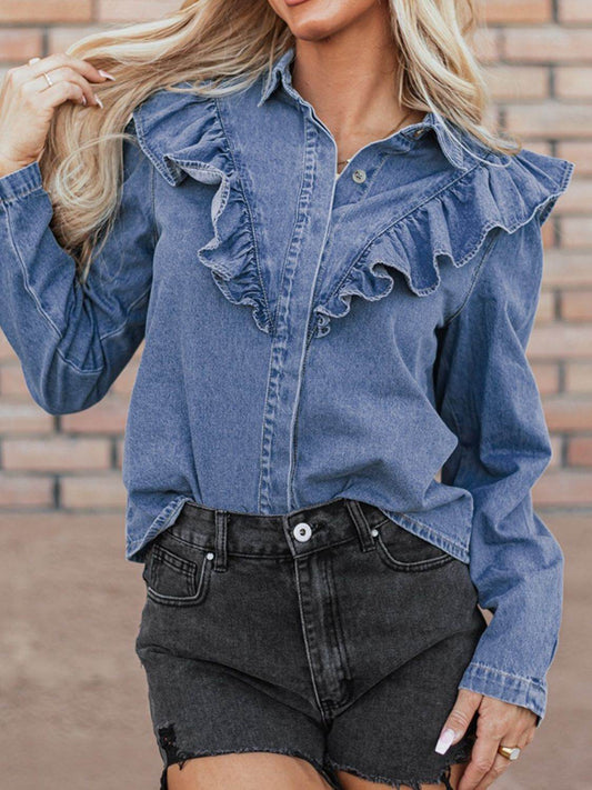 Ruffled Collared Neck Long Sleeve Denim Top - Hovatok