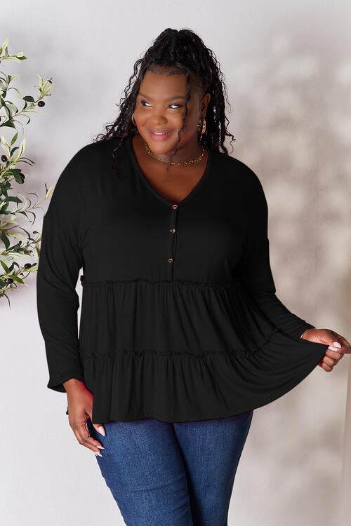 Double Take Half Button Long Sleeve Ruffle Hem Blouse - Hovatok