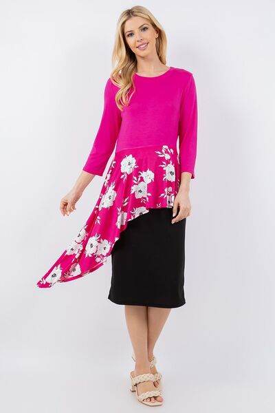Celeste Full Size Floral Asymmetrical Hemline Round Neck Top Plus Size - Hovatok