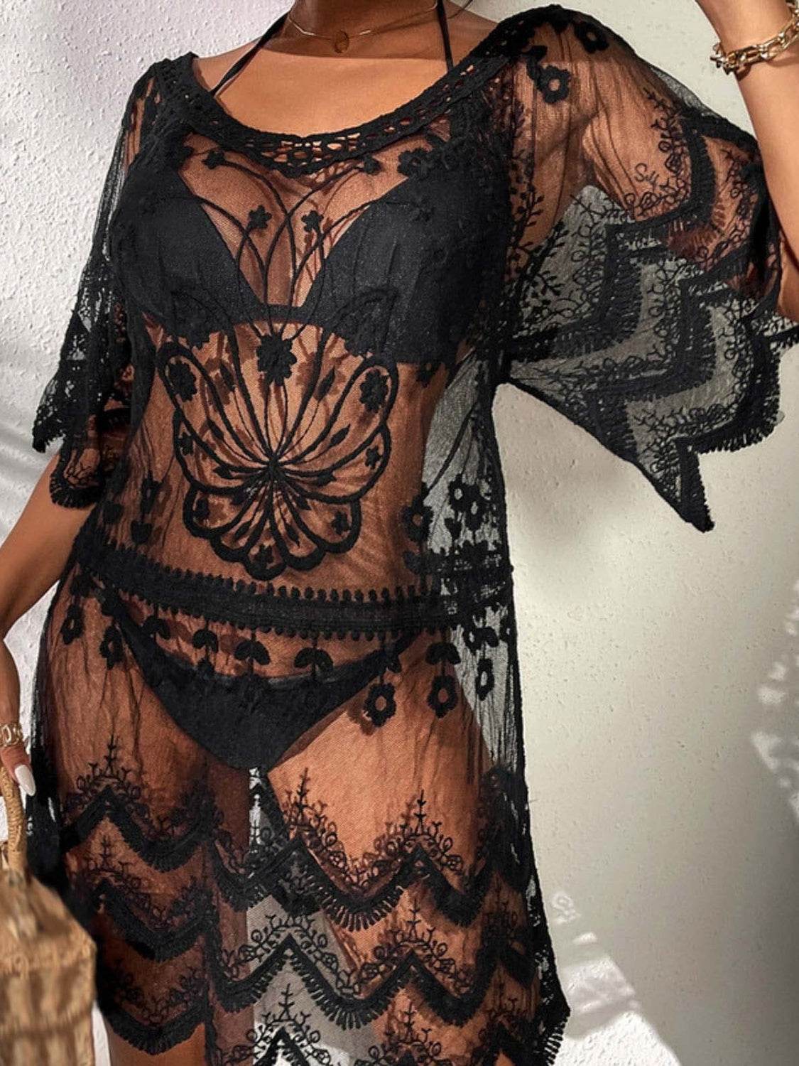 Lace Round Neck Half Sleeve Cover-Up - Hovatok