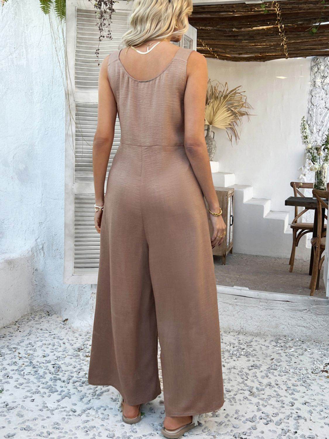 Devine Button Front Knotted Strap Wide Leg Jumpsuit - Hovatok