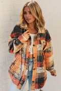 Double Take Button Up Plaid Fleece Shacket with Pockets - Hovatok