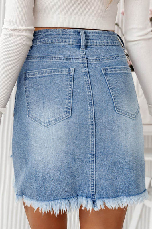 Distressed Raw Hem Heart Denim Skirt - Hovatok