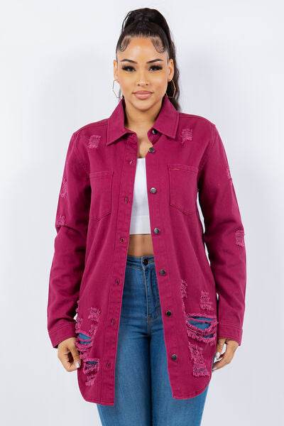 American Bazi Distressed Button Up Long Sleeve Denim Jacket - Hovatok