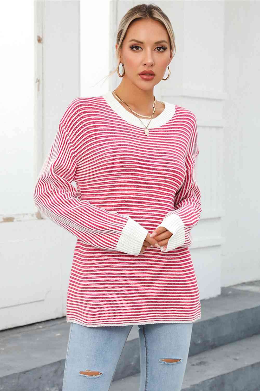 Angel Wings Striped Round Neck Long Sleeve Knit Top - Hovatok