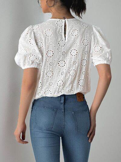 Perfee Tied Eyelet Short Sleeve Bodysuit - Hovatok
