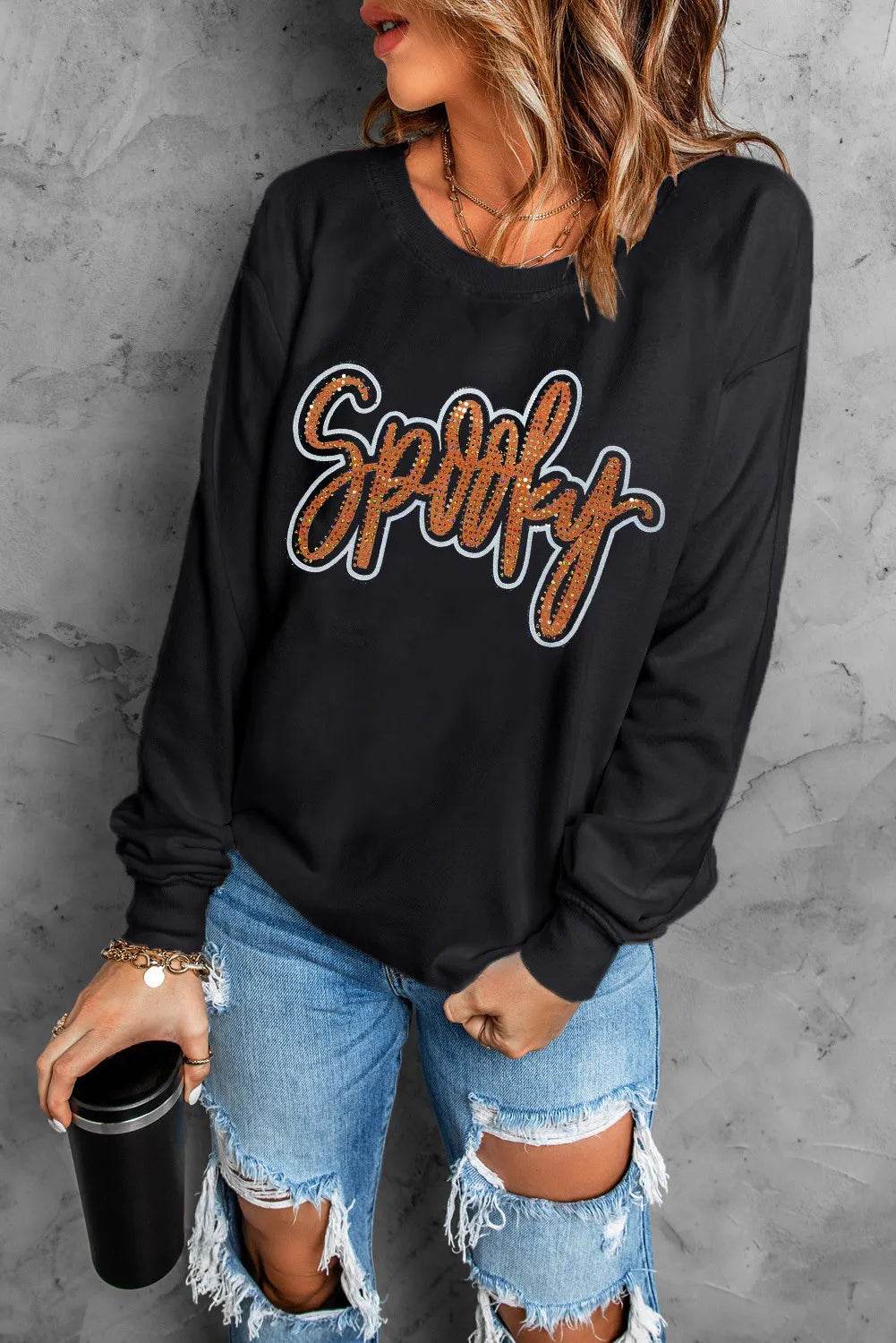 SPOOKY Rhinestone Round Neck Long Sleeve Sweatshirt - Hovatok
