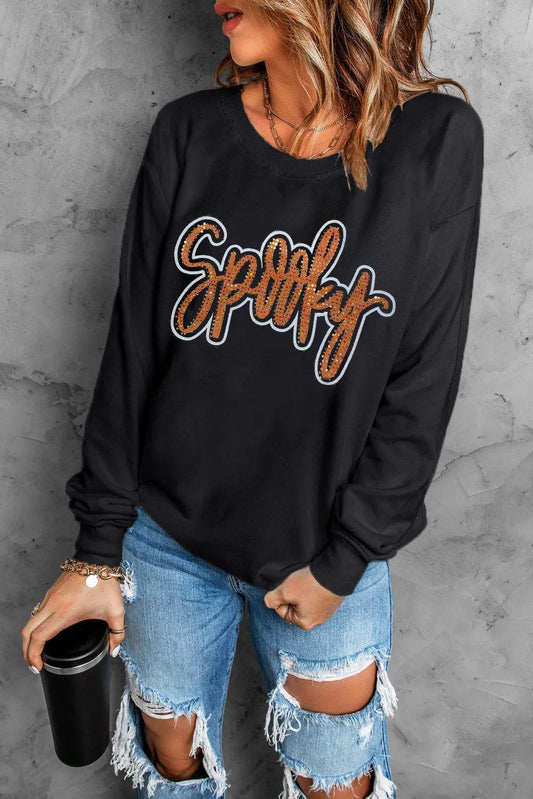 SPOOKY Rhinestone Round Neck Long Sleeve Sweatshirt - Hovatok