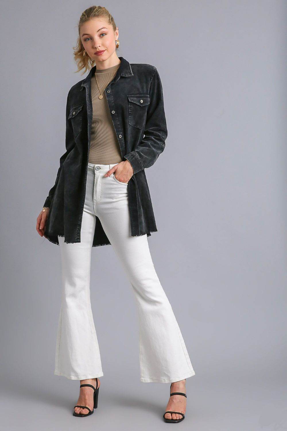 Umgee Raw Hem Button Down Denim Jacket with Chest Pockets - Hovatok