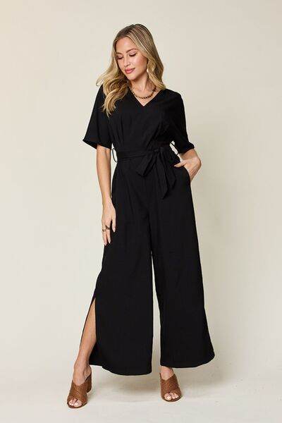 Double Take Full Size V-Neck Tied Side Slit Jumpsuit - Hovatok