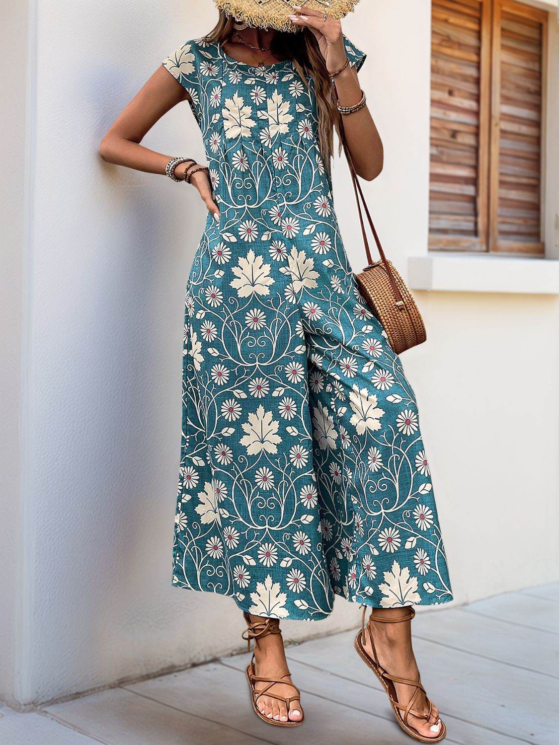 Perfee Printed Round Neck Cap Sleeve Wide Leg Jumpsuit - Hovatok
