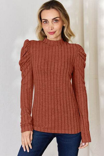 Basic Bae Full Size Ribbed Mock Neck Puff Sleeve T-Shirt - Hovatok