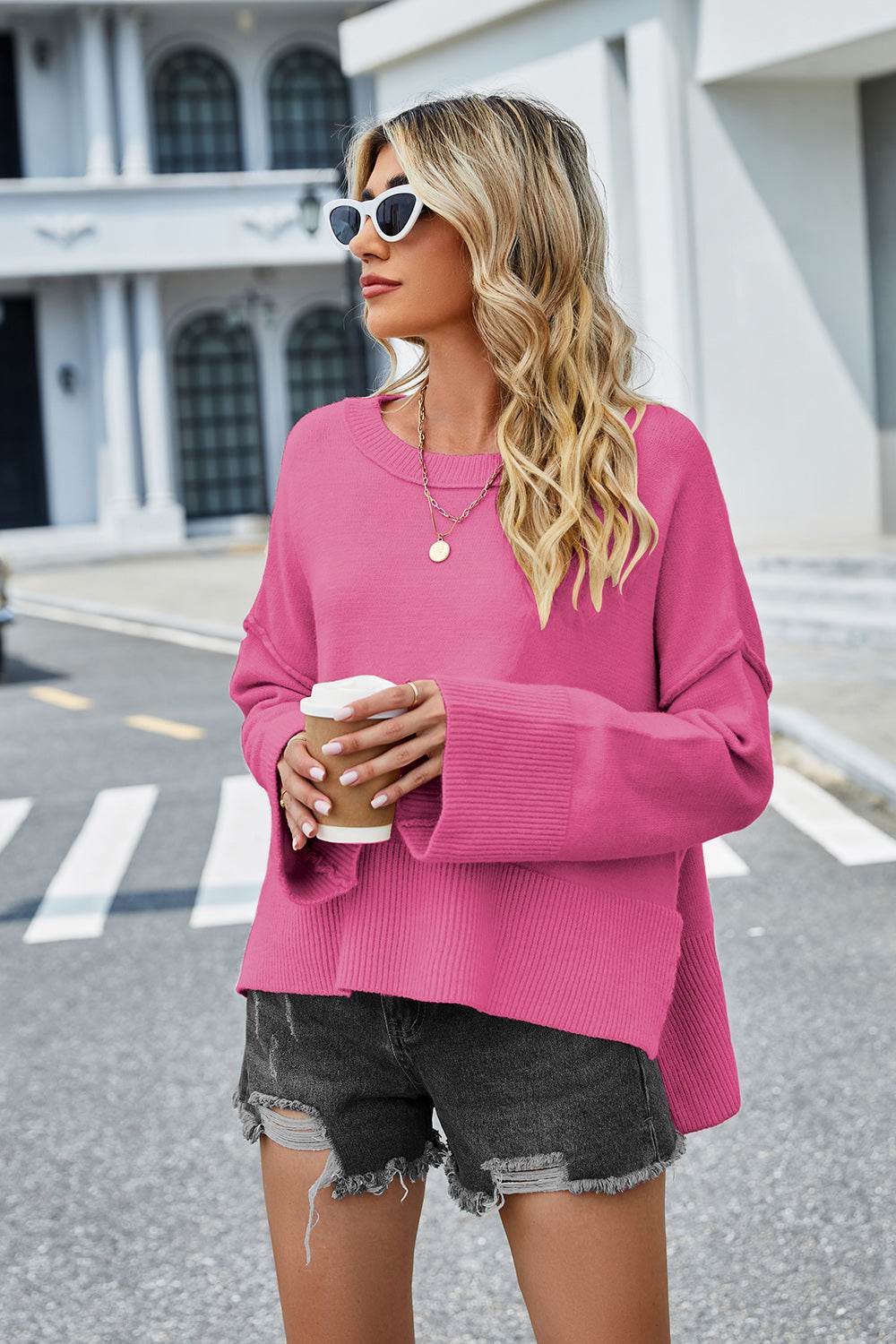 High-Low Slit Round Neck Long Sleeve Sweater - Hovatok