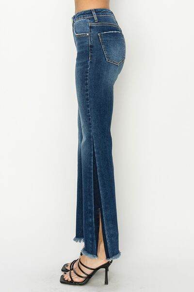 RISEN Full Size High Rise Side Shadow Seam Detail Slit Flare Jeans - Hovatok
