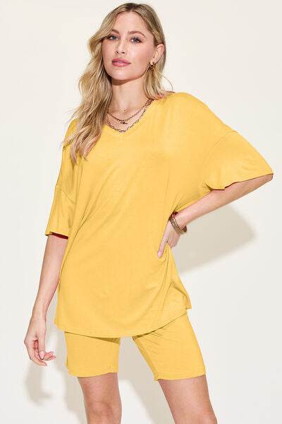 Basic Bae Bamboo Full Size V-Neck Drop Shoulder T-Shirt and Shorts Set - Hovatok