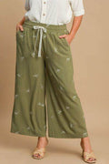 Umgee Full Size Lace Drawstring Embroidered Bow Wide Leg Pants Plus Size - Hovatok