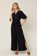 Double Take Full Size V-Neck Tied Side Slit Jumpsuit - Hovatok