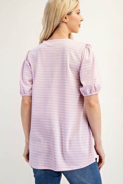 Celeste Full Size Gingham Print Top With Puff Sleeves Plus Size - Hovatok