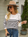 Angel Wings Round Neck Shoulder Button Striped Pullover Sweater - Hovatok