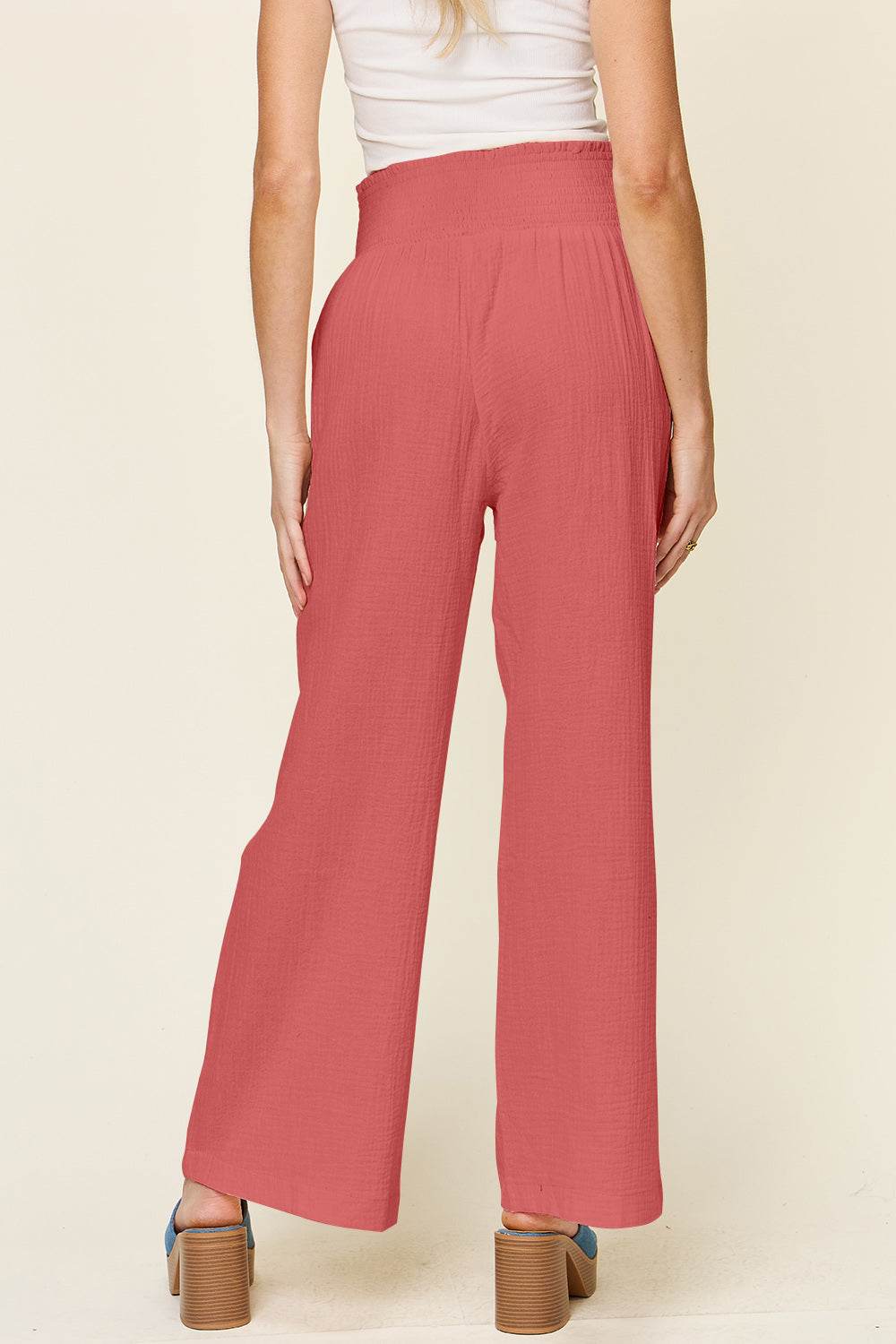 Double Take Full Size Texture Smocked Waist Wide Leg Pants - Hovatok