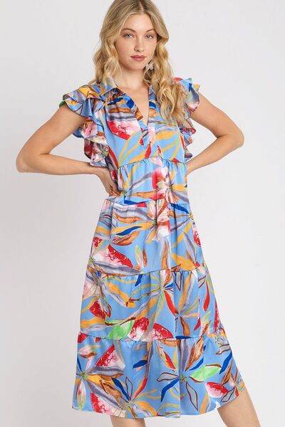 Umgee Full Size Leaf Print Double Layered Ruffle Sleeve Tiered Midi Dress Plus Size - Hovatok