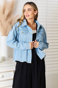 Double Take Dropped Shoulder Raw Hem Denim Jacket - Hovatok