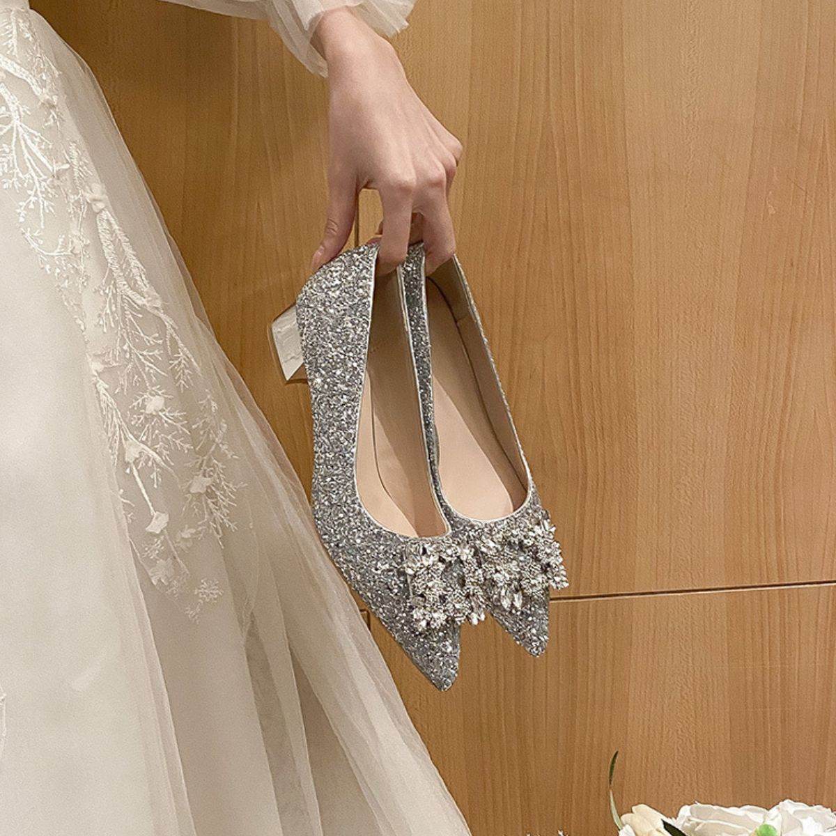 Glitter Point Toe Block Heel Pumps - Hovatok