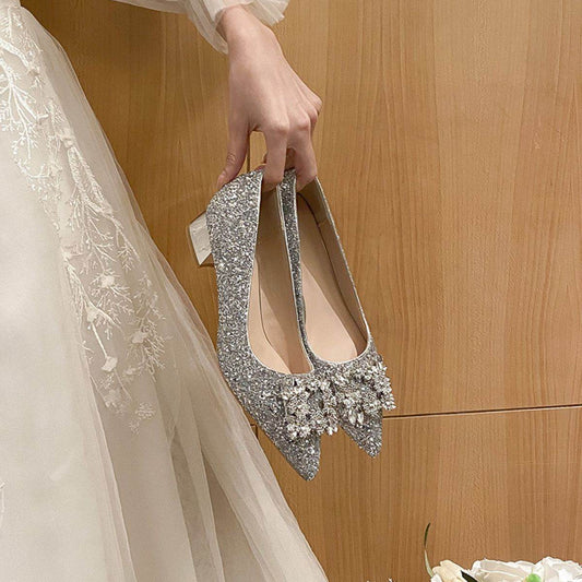 Glitter Point Toe Block Heel Pumps - Hovatok