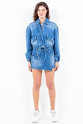 American Bazi Full Size Drop Shoulder Cropped Denim Jacket with Waist Strap Plus Size - Hovatok