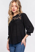 ACTIVE BASIC Crochet Lace Panel Flounce Sleeve Blouse - Hovatok