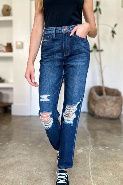 Judy Blue Full Size High Waist Rigid Magic Heavy Destroy Straight Jeans - Hovatok