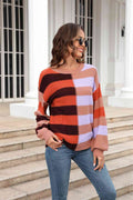Angel Wings Round Neck Long Sleeve Color Block Dropped Shoulder Pullover Sweater - Hovatok