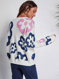 Flower Pattern Round Neck Long Sleeve Sweater - Hovatok