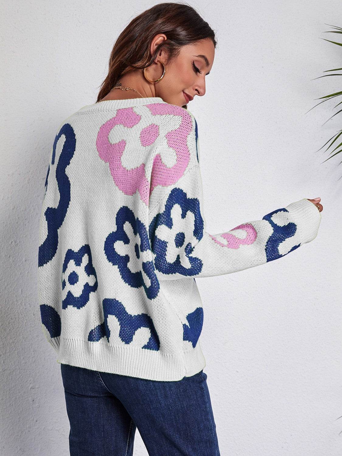 Flower Pattern Round Neck Long Sleeve Sweater - Hovatok