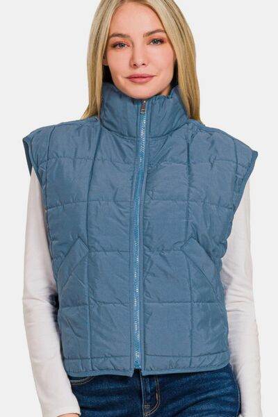 Zenana Zip Up Cropped Puffer Vest with Pockets - Hovatok