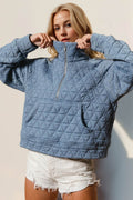 Double Take Half Zip Long Sleeve Quilted Sweatshirt with Pocket - Hovatok
