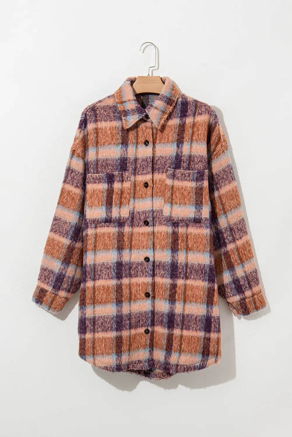 Plus Size Plaid Collared Neck Long Sleeve Jacket - Hovatok