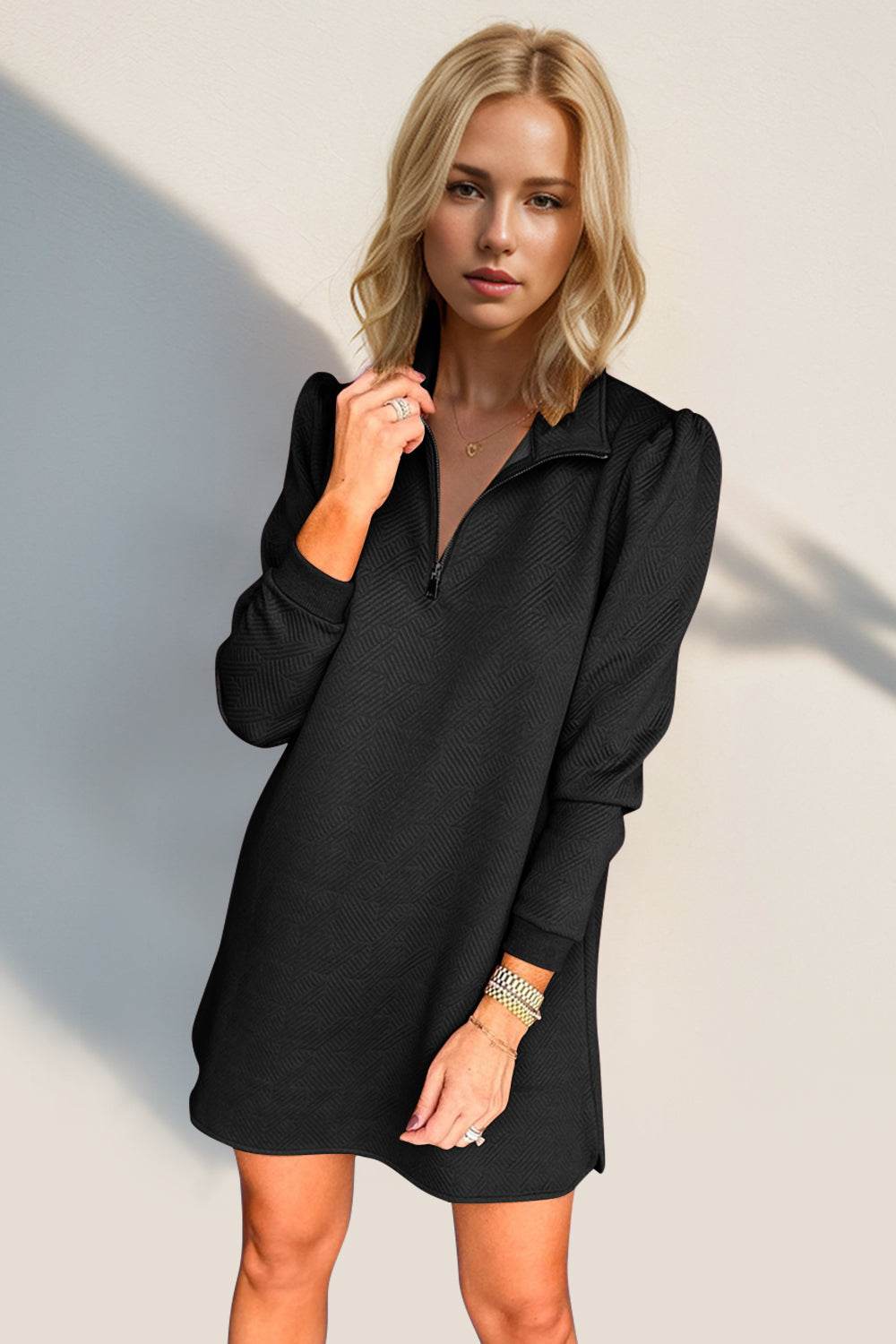 Double Take Textured Quarter Zip Long Sleeve Dress - Hovatok
